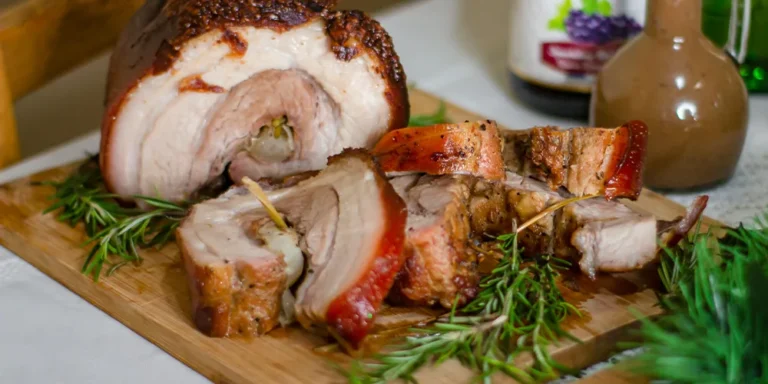 Wagyu Braten mit Knödeln und Beilagen angerichtet